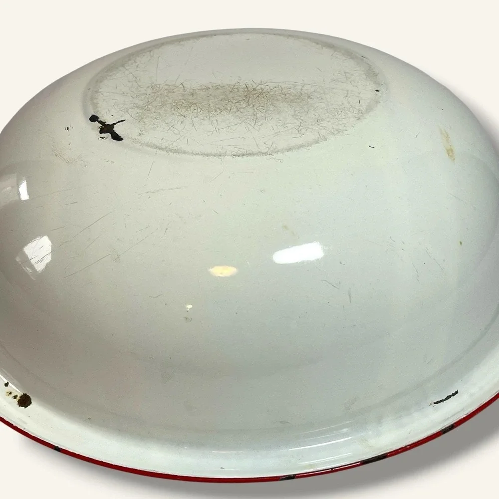 Vintage Enamel Wash Basin White Red Rim Farmhouse Country Primitive 12.5